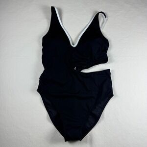 Fabletics Womens Black Cutout One Piece Swimsuit White Trim Size L